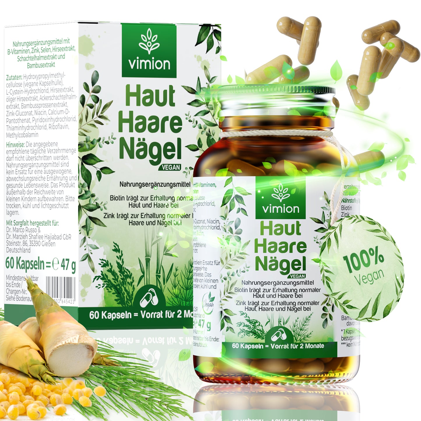 Vimion Haut Haare Nägel Kapseln | veganes Nahrungsergänzungsmittel mit Biotin, Zink & Selen | 60 Tage