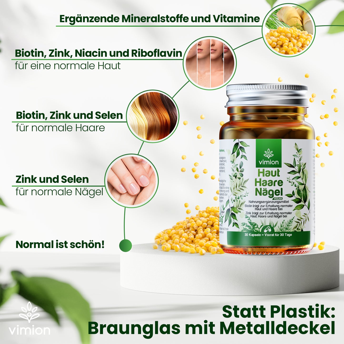Vimion Haut Haare Nägel Kapseln | veganes Nahrungsergänzungsmittel mit Biotin, Zink & Selen | 30 Tage