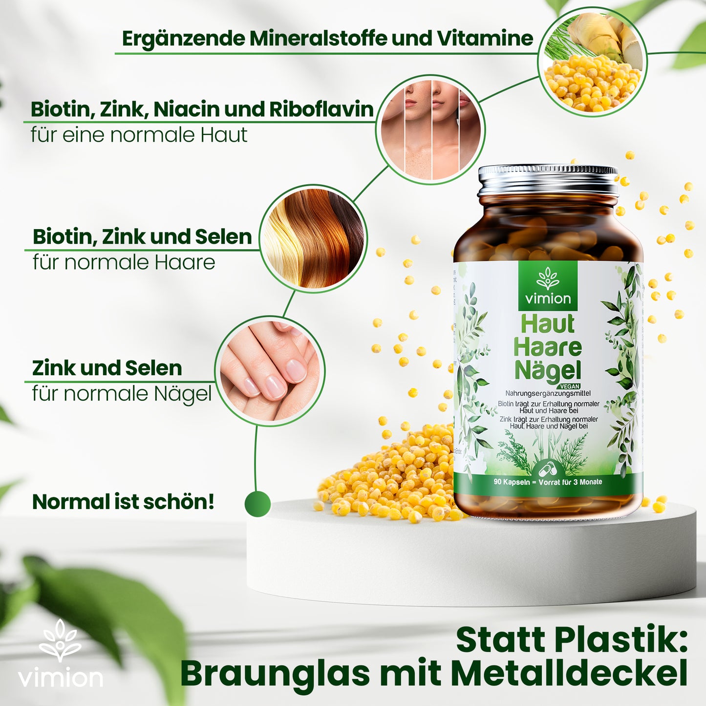 Vimion Haut Haare Nägel Kapseln | veganes Nahrungsergänzungsmittel mit Biotin, Zink & Selen | 90 Tage