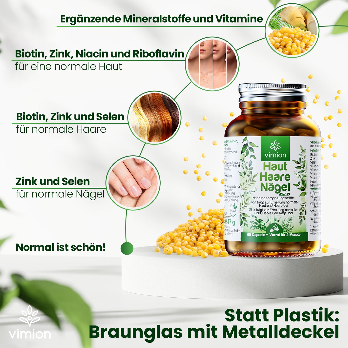 Vimion Haut Haare Nägel Kapseln | veganes Nahrungsergänzungsmittel mit Biotin, Zink & Selen | 60 Tage