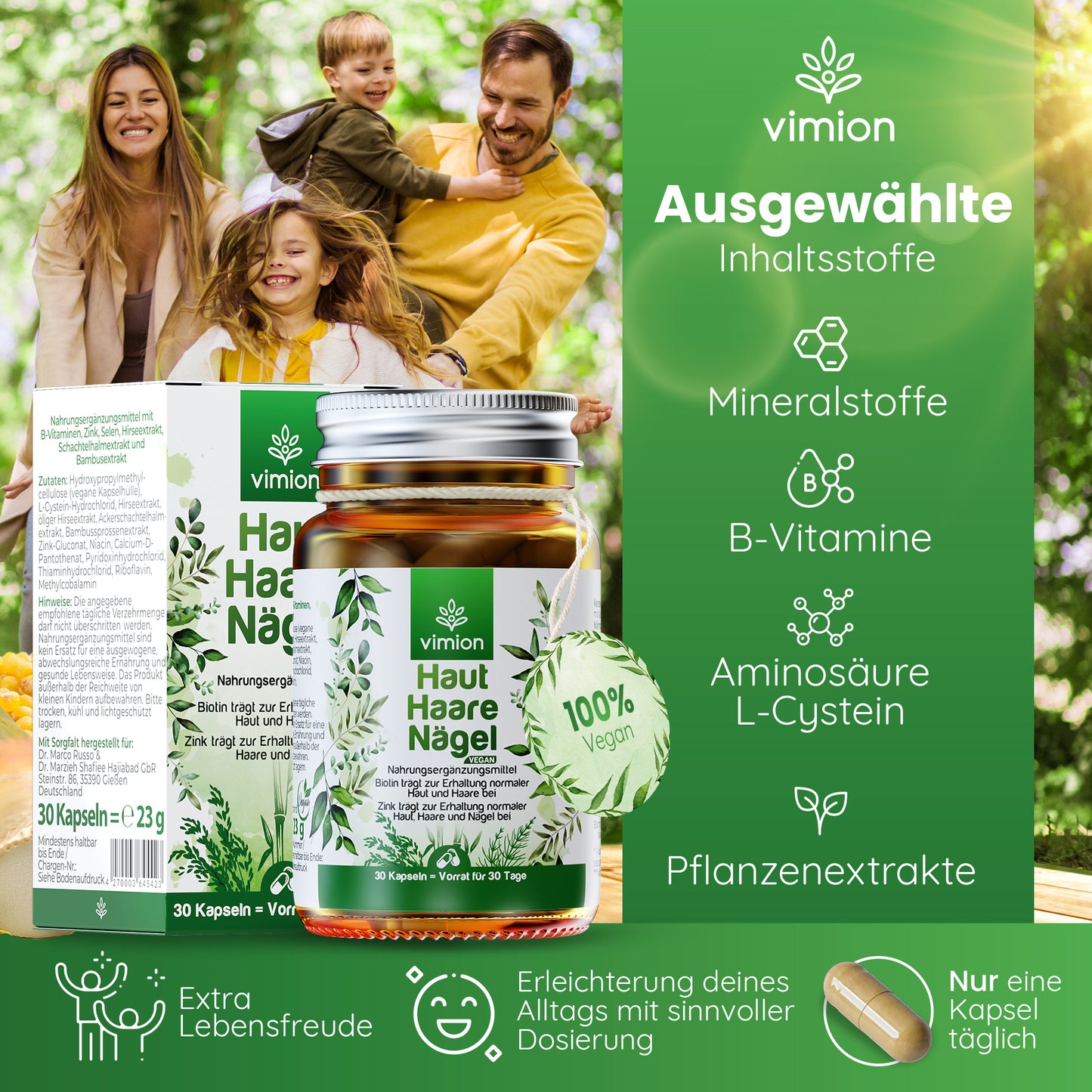 Vimion Haut Haare Nägel Kapseln | veganes Nahrungsergänzungsmittel mit Biotin, Zink & Selen | 30 Tage