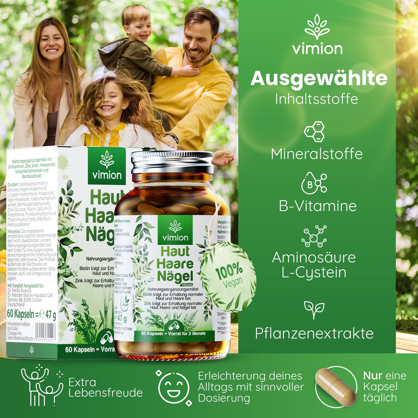 Vimion Haut Haare Nägel Kapseln | veganes Nahrungsergänzungsmittel mit Biotin, Zink & Selen | 60 Tage