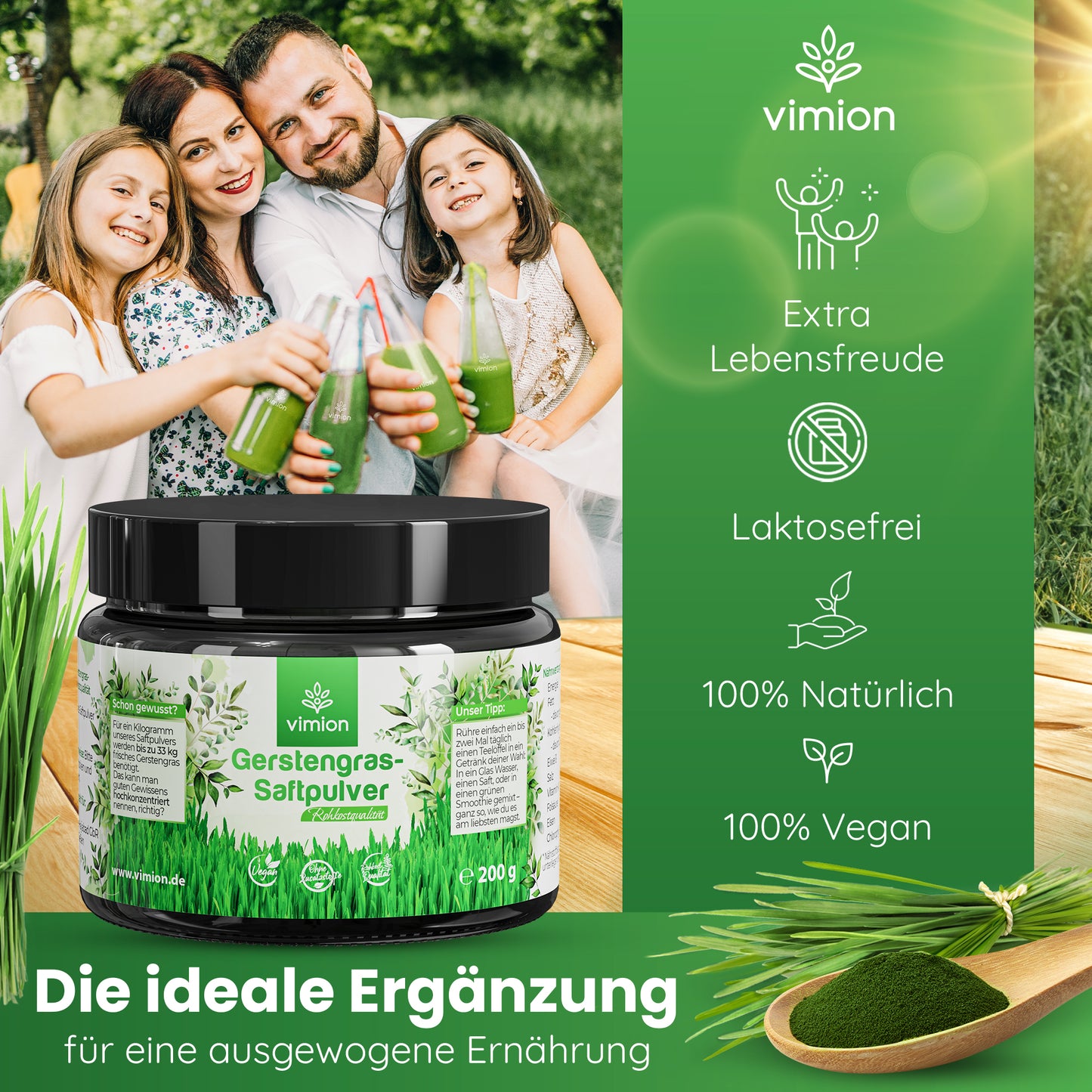 Vimion Gerstengras-Saftpulver | natürlich rohes Nahrungsergänzungsmittel | 80 Tage