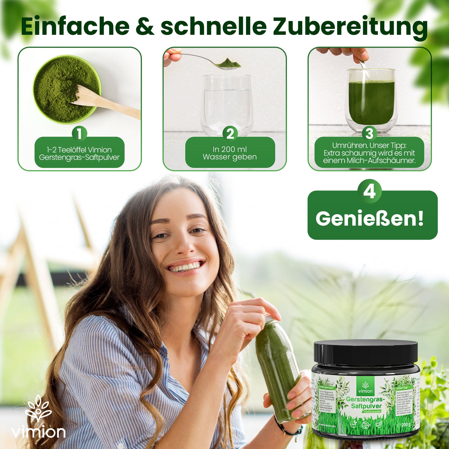 Vimion Gerstengras-Saftpulver | natürlich rohes Nahrungsergänzungsmittel | 80 Tage