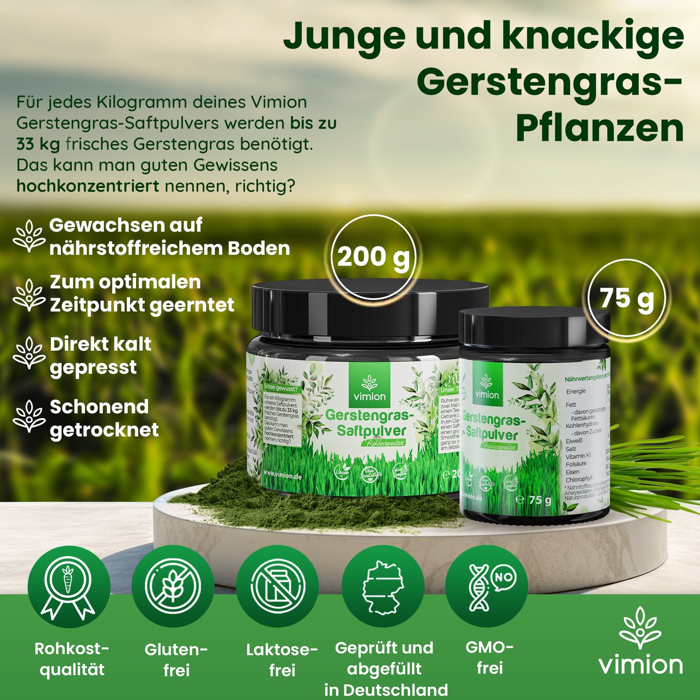 Vimion Gerstengras-Saftpulver | natürlich rohes Nahrungsergänzungsmittel | 80 Tage