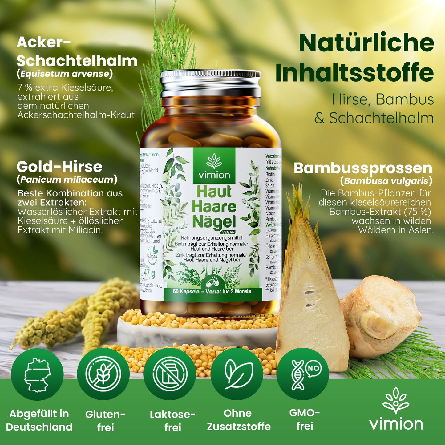 Vimion Haut Haare Nägel Kapseln | veganes Nahrungsergänzungsmittel mit Biotin, Zink & Selen | 60 Tage