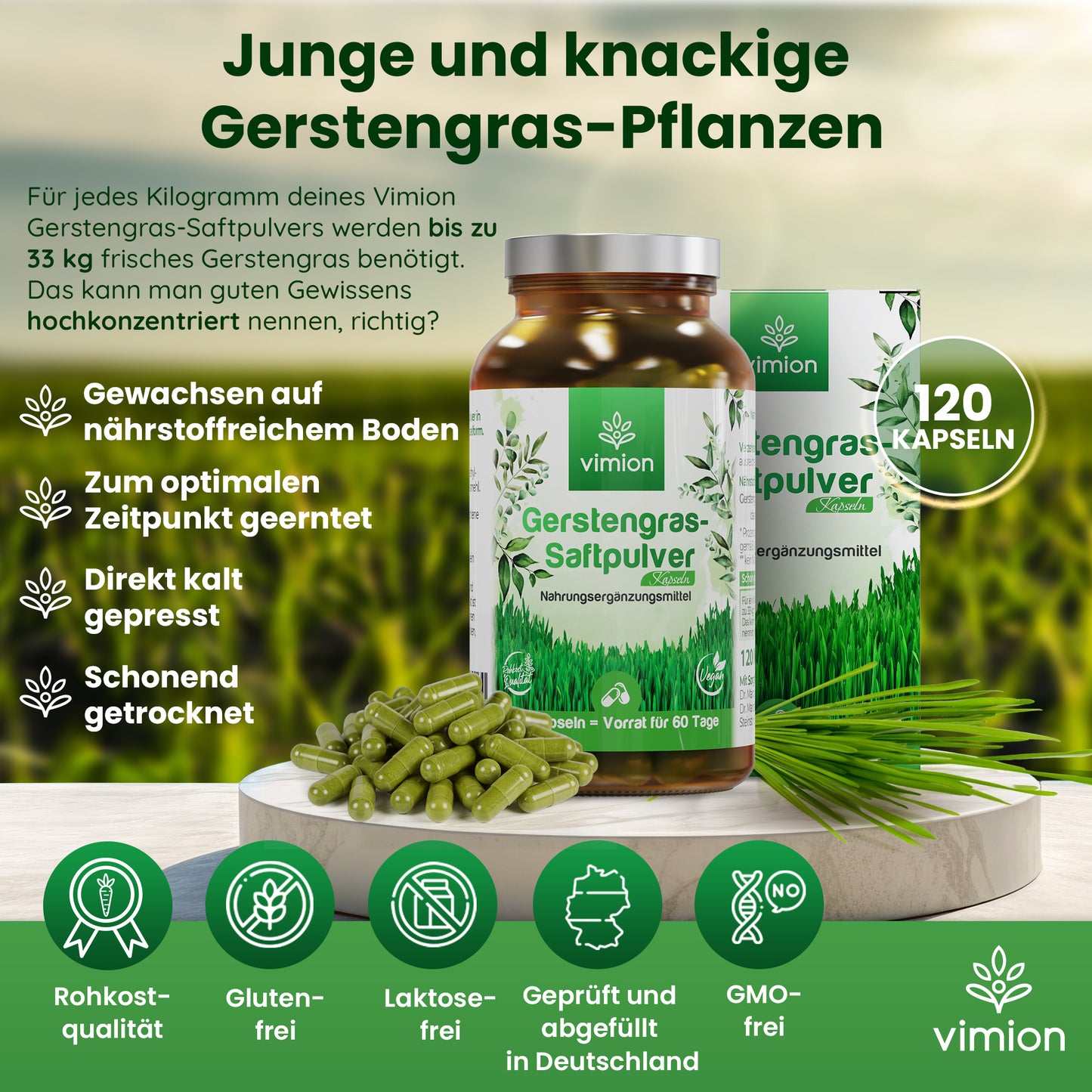 Vimion Gerstengras Kapseln | natürliches Nahrungsergänzungsmittel | 60 Tage
