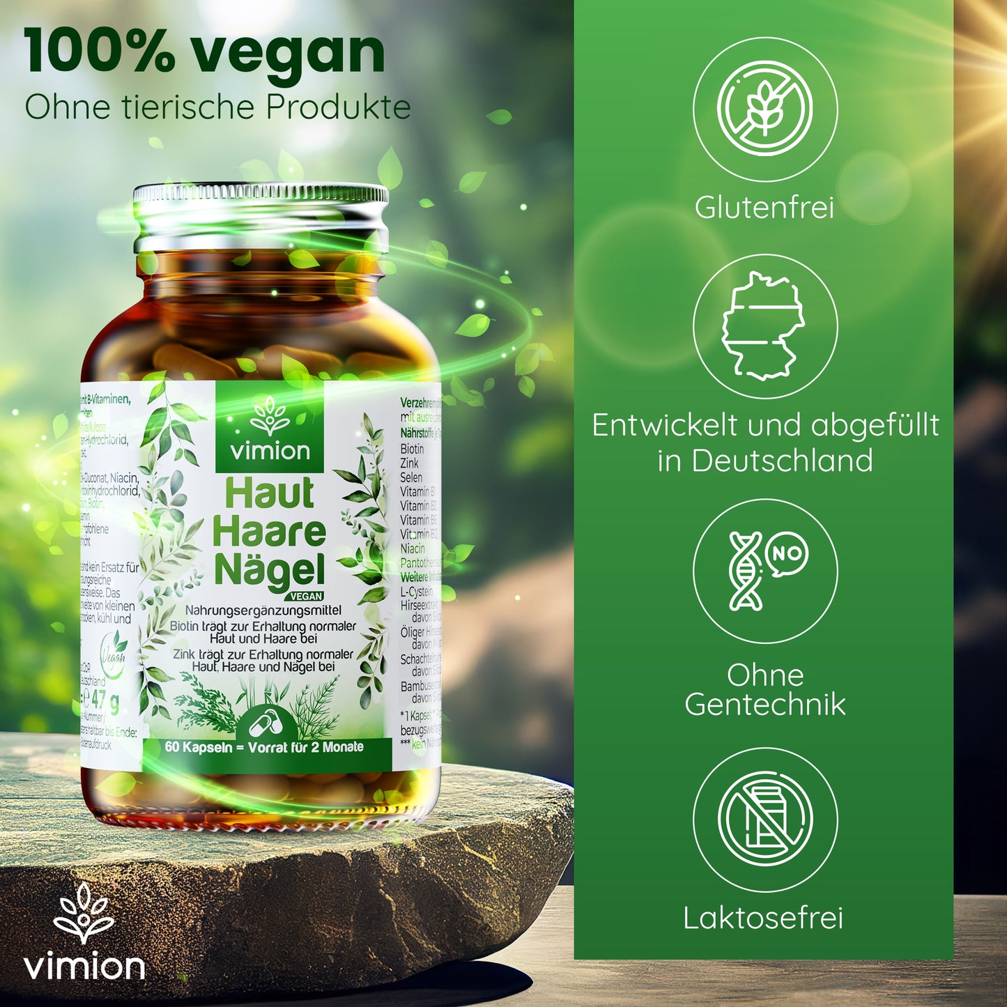 Vimion Haut Haare Nägel Kapseln | veganes Nahrungsergänzungsmittel mit Biotin, Zink & Selen | 60 Tage