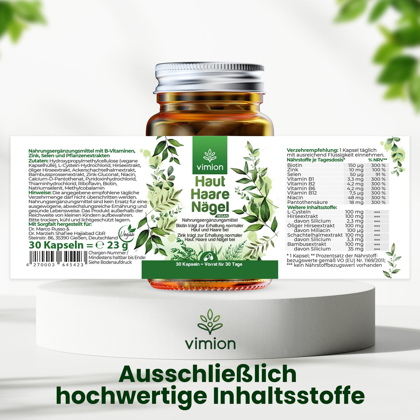 Vimion Haut Haare Nägel Kapseln | veganes Nahrungsergänzungsmittel mit Biotin, Zink & Selen | 30 Tage