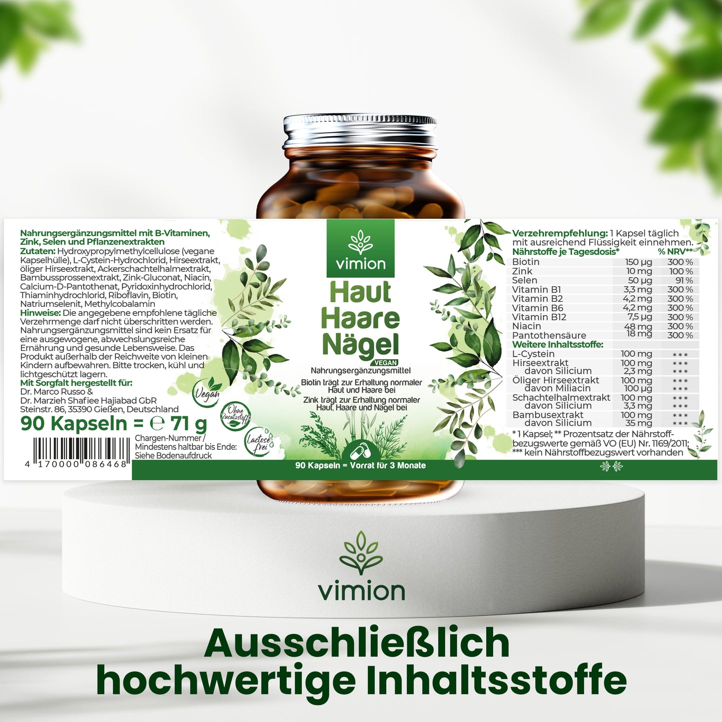 Vimion Haut Haare Nägel Kapseln | veganes Nahrungsergänzungsmittel mit Biotin, Zink & Selen | 90 Tage