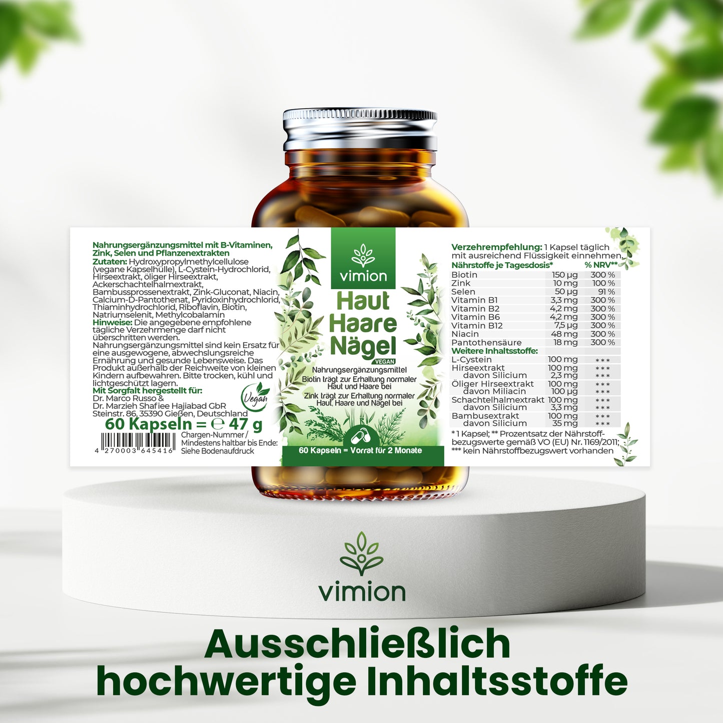 Vimion Haut Haare Nägel Kapseln | veganes Nahrungsergänzungsmittel mit Biotin, Zink & Selen | 60 Tage