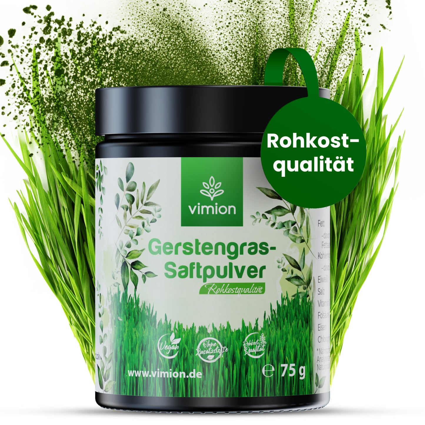 Vimion Gerstengras-Saftpulver | natürlich rohes Nahrungsergänzungsmittel | 30 Tage