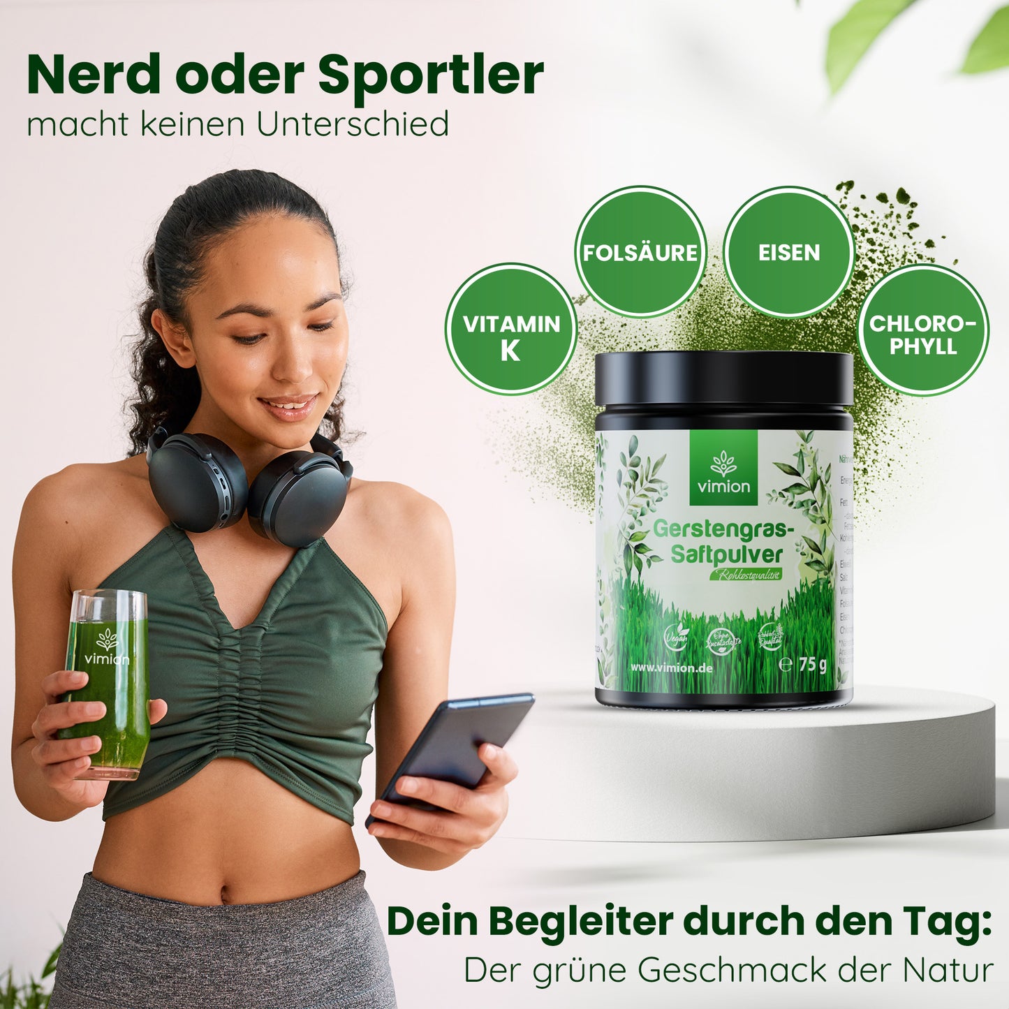 Vimion Gerstengras-Saftpulver | natürlich rohes Nahrungsergänzungsmittel | 30 Tage
