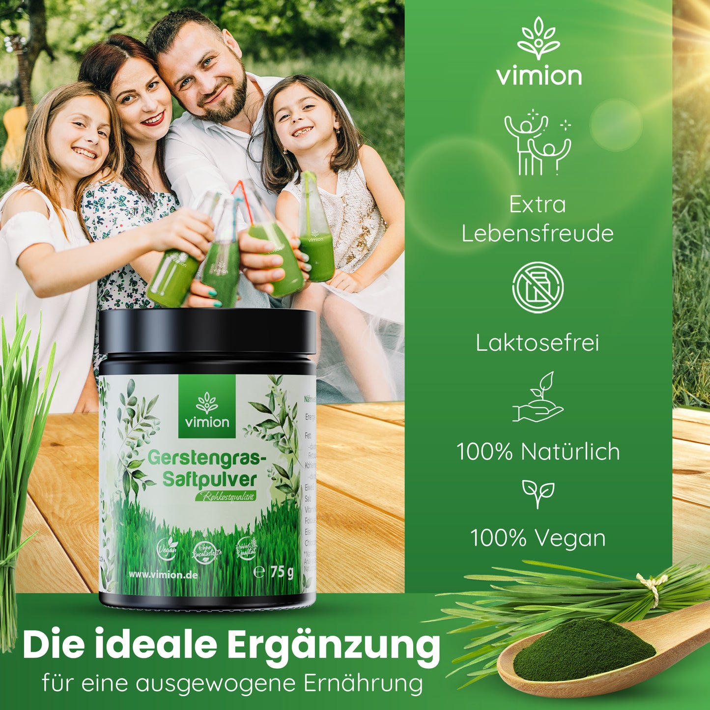 Vimion Gerstengras-Saftpulver | natürlich rohes Nahrungsergänzungsmittel | 30 Tage
