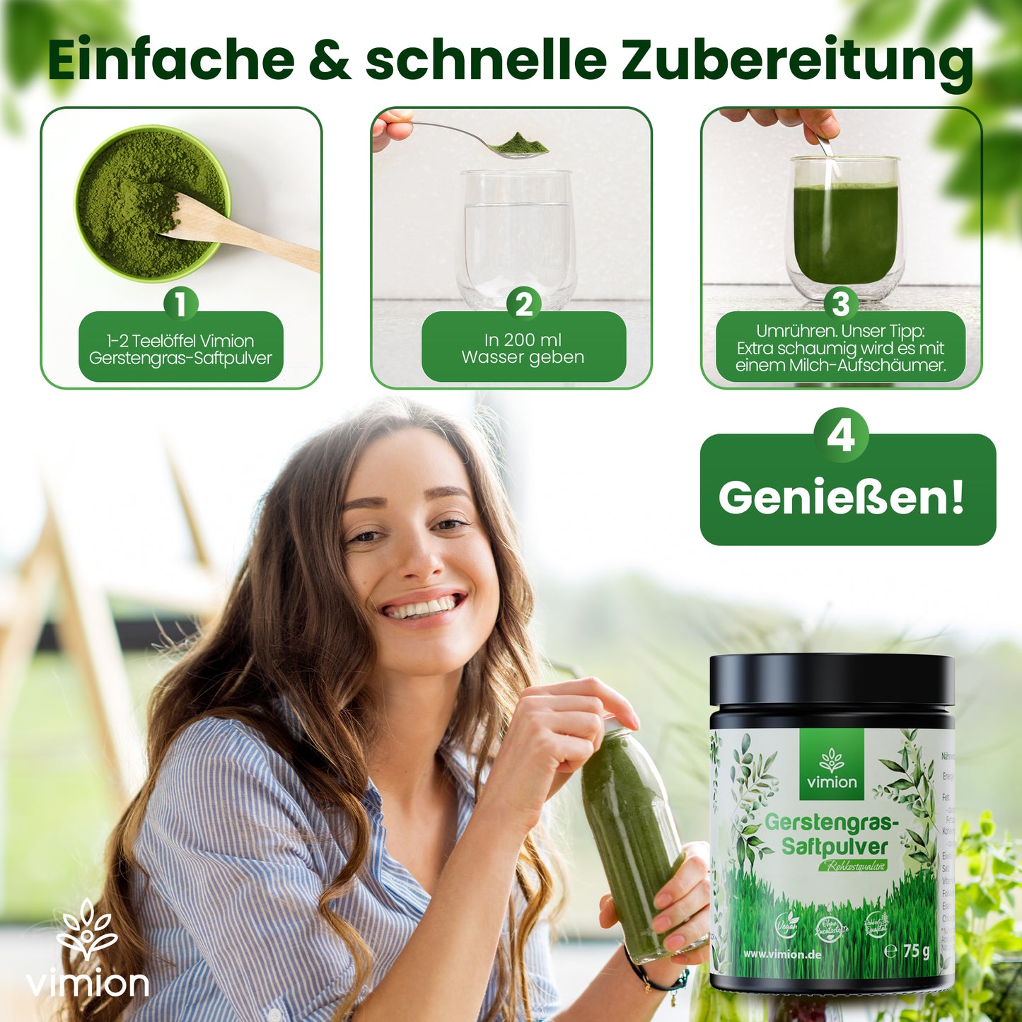 Vimion Gerstengras-Saftpulver | natürlich rohes Nahrungsergänzungsmittel | 30 Tage