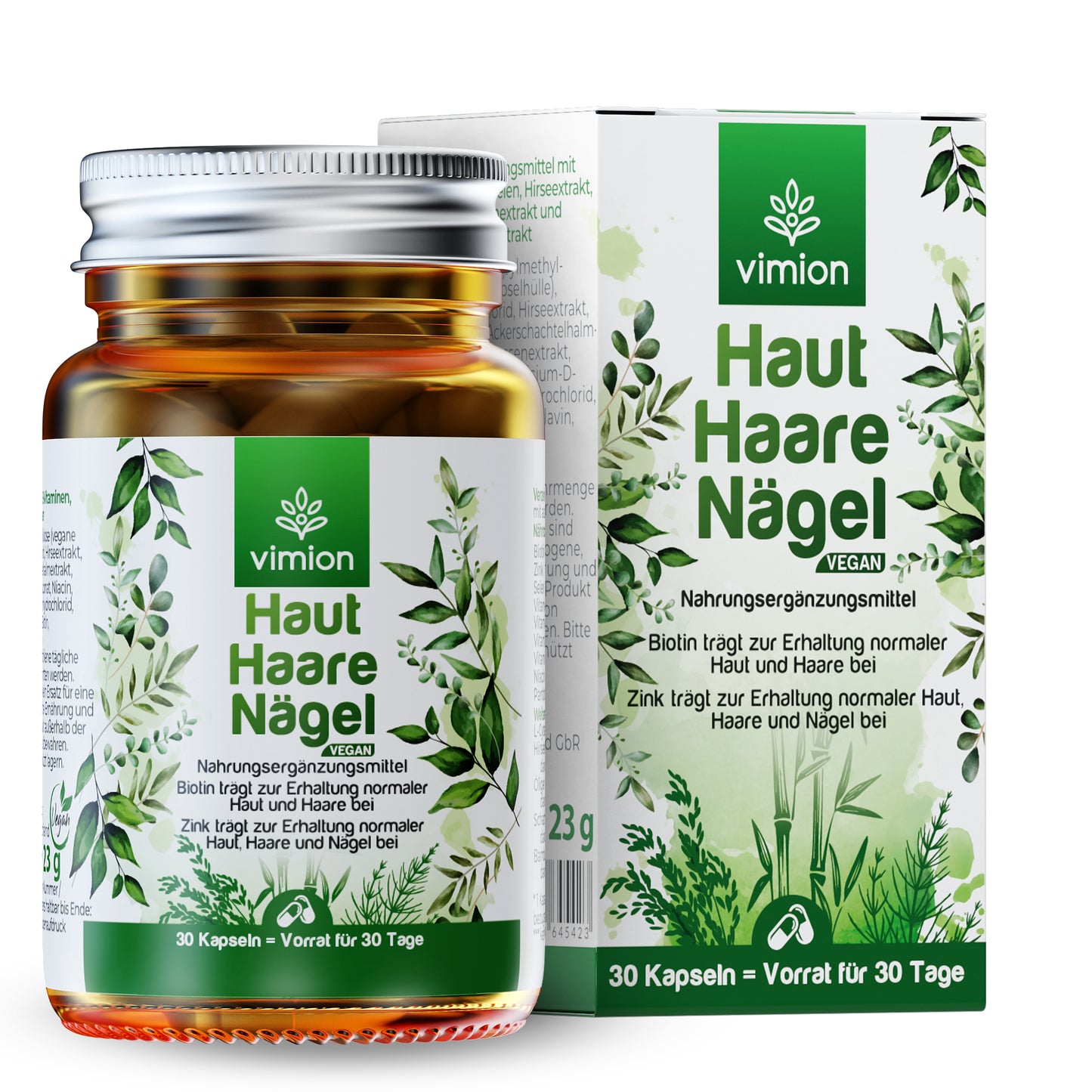 Vimion Haut Haare Nägel Kapseln 30 Tage – vegane Nahrungsergänzung mit Glasflasche und Verpackung