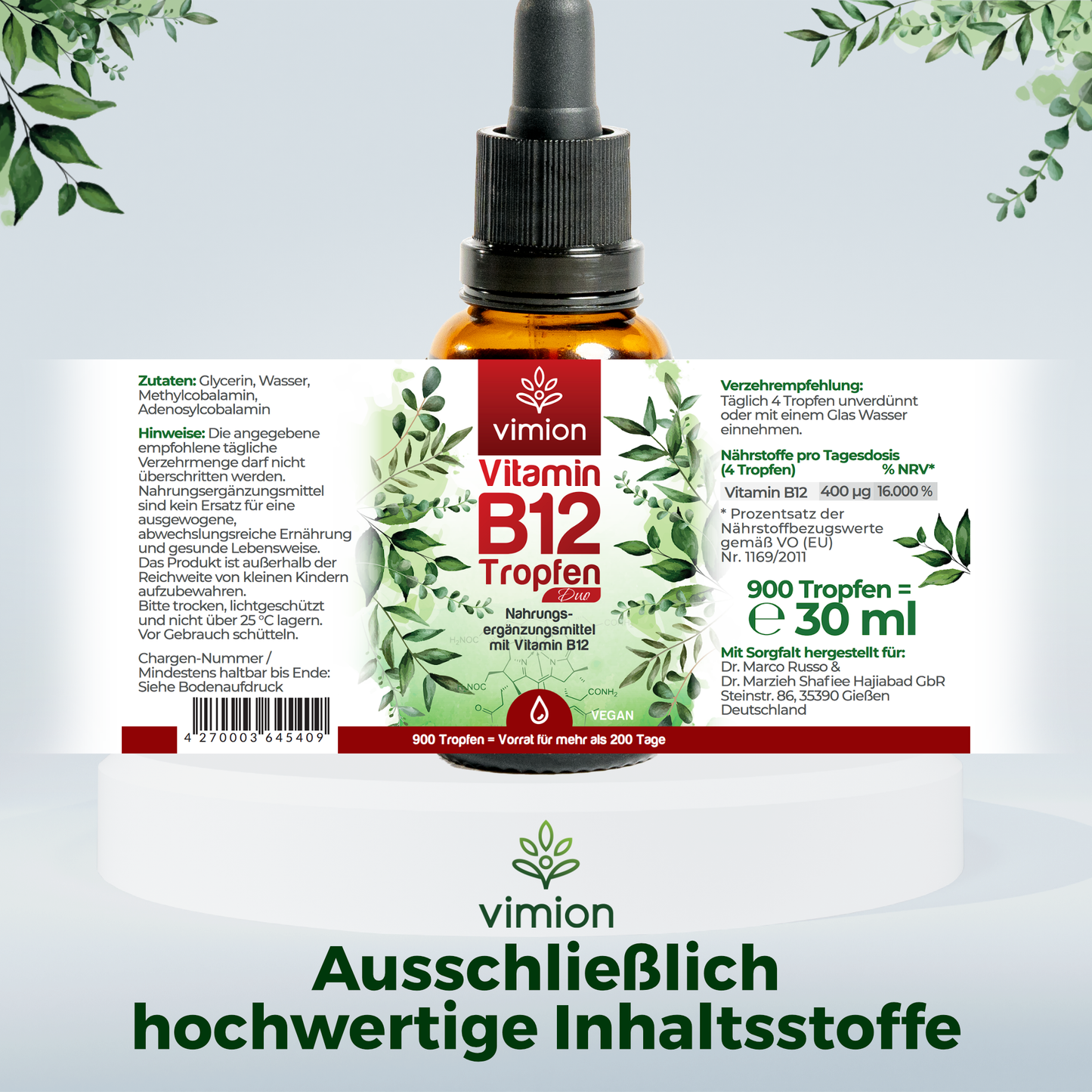 Vimion Vitamin B12 Tropfen Duo | vegan, bioaktiv & durchdacht dosiert | 200+ Tage