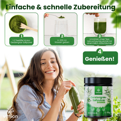 Vimion Gerstengras-Saftpulver | natürlich rohes Nahrungsergänzungsmittel | 30 Tage